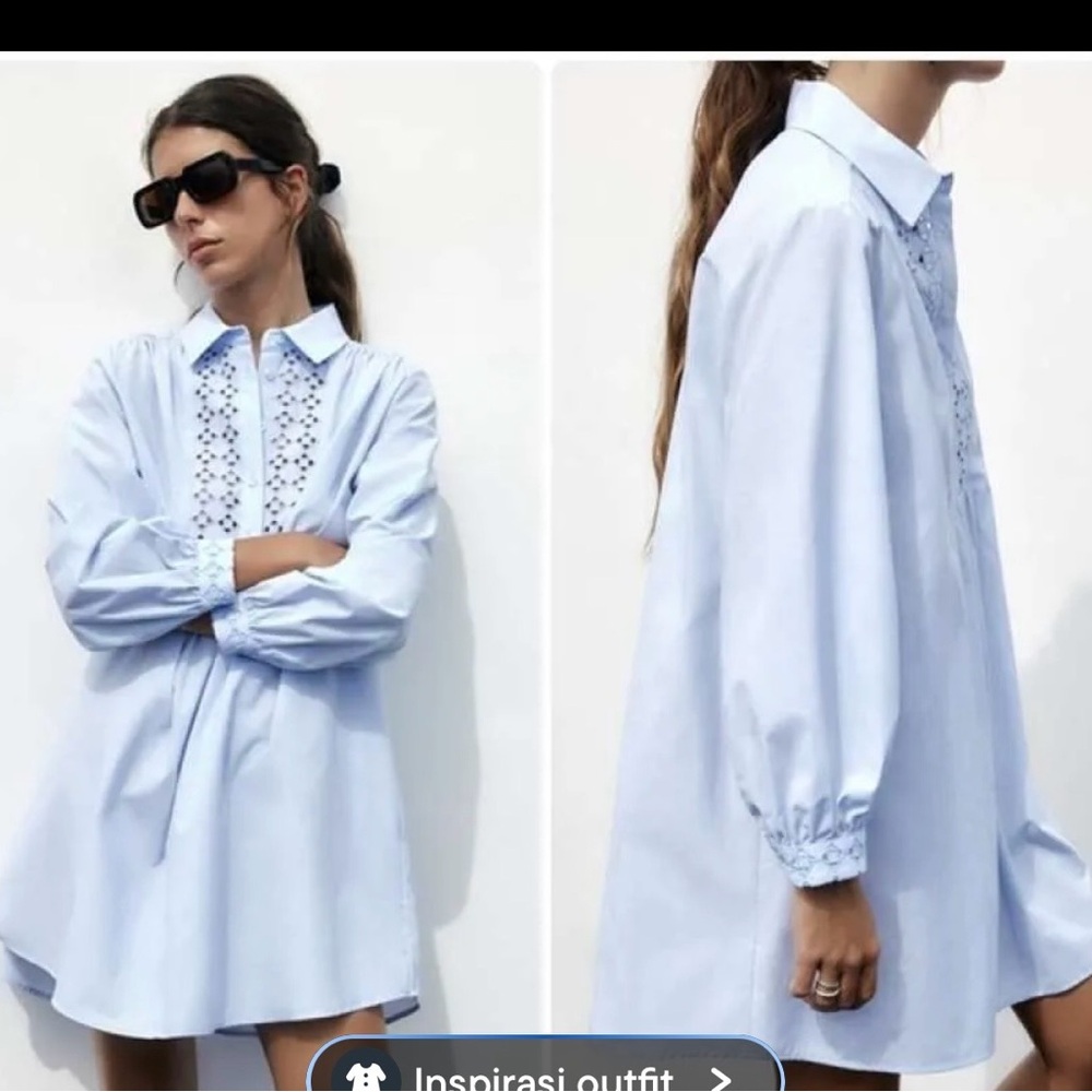 Zara NWT Baby Blue Long Sleeve Diamond cutout embroidered shirt dress Size XXL